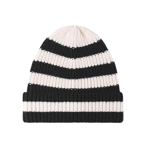 CORIRESHA Unisex Fashion Striped Beanie Cuffed Winter Warm Cozy Chunky Rib Knit Hat - color: Black White