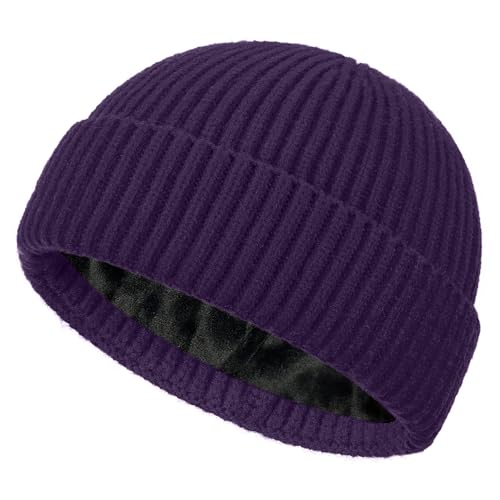 Fleece Lined Wool Short Fisherman Beanie Men Women Cuff Winter Hat - color: 1pc-purple