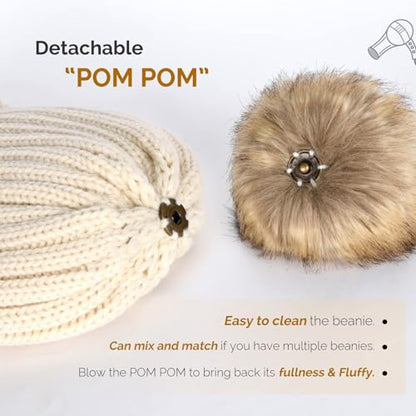 FURTALK Womens Winter Knitted Beanie Hat with Faux Fur Pom Warm Knit Skull Cap Beanie for Women - color: Beige
