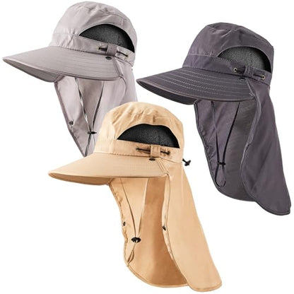 Cuffbow 3 Pcs Sun Hat for Men Women with Neck Flap Breathable Wide Brim Bucket Hat UV Protection UPF 50+ Fishing Hiking - color: Dark Gray, Gray, Khaki