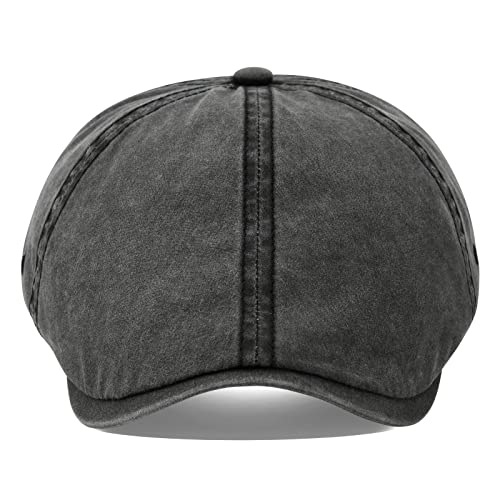 VOBOOM Cotton Washing Flat Cap Cabbie Hat Gatsby Ivy Irish Hunting Newsboy - color: Washed Black