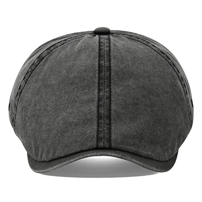 VOBOOM Cotton Washing Flat Cap Cabbie Hat Gatsby Ivy Irish Hunting Newsboy - color: Washed Black