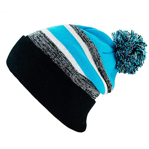 Winter Knit Beanie Hat with Pom Pom – Warm Cuffed Slouch Ski Cap for Men & Women - color: 1.black and Turquoise With Pom