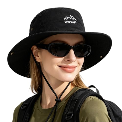 WOOH Sun Hats for Women,UPF80+ Wide Brim Foldable Bucket Hat with Adjustable Chin Strap,Summer Hat for Beach Hiking Gardening - color: Black