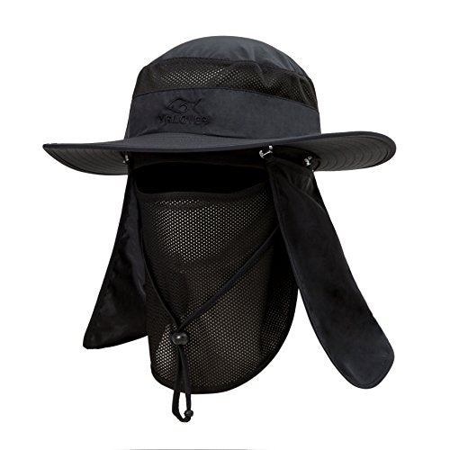 YR.Lover Outdoor UV Sun Protection Wide Brim Fishing Cap with Removable Flap - color: Black
