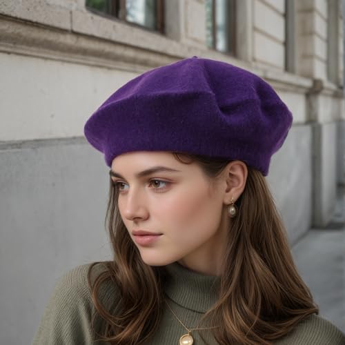 Women's Wool Beret: 70% Wool French Hat for Daily, Lightweight & Chic Berets for Women - color: Purple