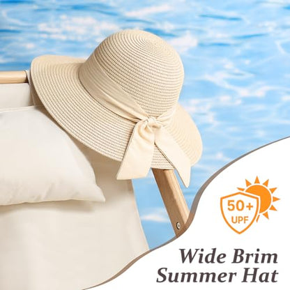 Beach Hats for Women, Sun Straw Hat for Women, UPF 50+ UV Foldable Sun Hat - color: Beige