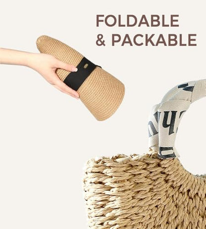 Women's Sun Straw Hats Summer Wide Brim Beach Hat UPF 80+ Travel Vacation Accessories Packable Foldable Cap - color: Beige