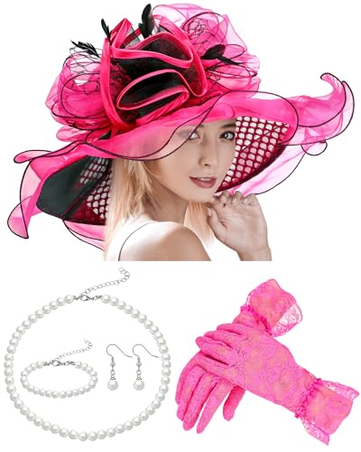 Derby Hat for Women 2026 Wide Brim Organza Sun Church Hat Set Feather Floral Fascinator for Tea Party Wedding Derby - color: Rose Red
