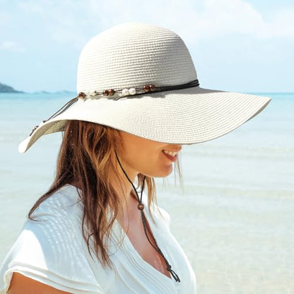 Womens Floppy Straw Sun Hat Wide Brim UPF 50 Sun Protection Packable Summer Beach Hats with Wind Lanyard - color: Ivory, size: Medium