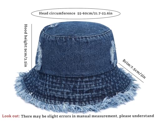 Denim Bucket Hat for Women Ripped Sun Hat Outdoor Cap - color: Dark Blue
