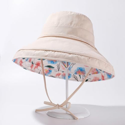 HUAMULAN Women Wide Brim Reversible Sun Hat Summer Beach Fishing Bucket - color: Beige Floral