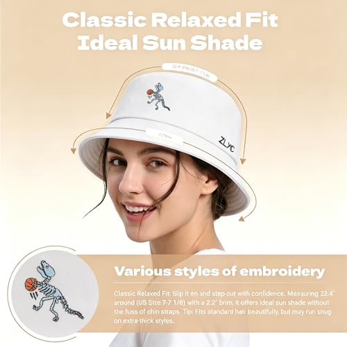 ZLYC Cotton Bucket Hat for Women Men Embroidered Packable Summer Sun Cap - color: Dinosaur Skeleton White