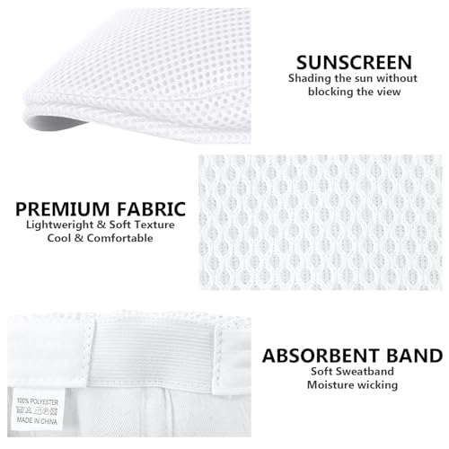 meioro Men's Mesh Flat Cap Summer Breathable Newsboy Hats Beret Ivy Cap Gatsby Irish Cabbie Driving Hat Full Head Wrap - color: White