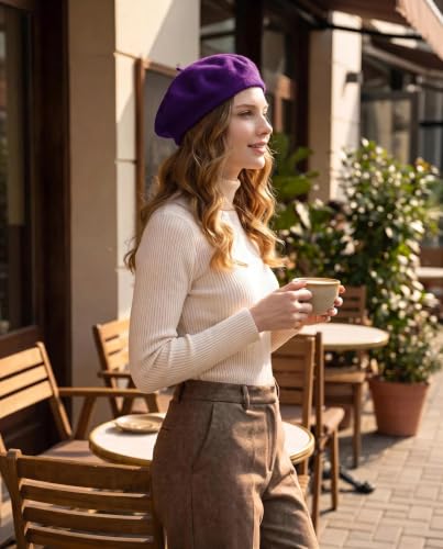 French Beret Hats for Women Men - Classic Wool Beanie Winter Cap - color: Purple