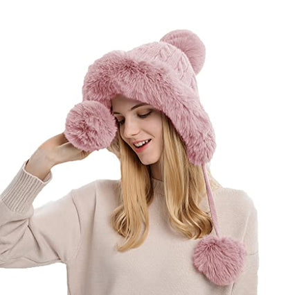 Winter Beanie Hats for Women with Ear Flaps Faux Fur Crochet Skull Cap Warm Outdoor Ski Snow Hats Pompoms - color: Pink