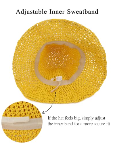 Womens Crochet Straw Sun Hat Foldable Floppy Wide Brim Beach Hat for Summer - color: Yellow