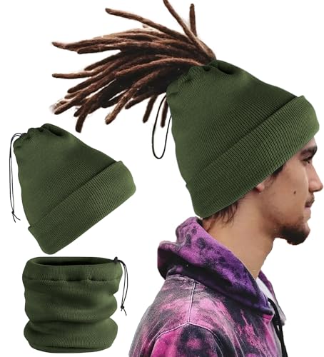 Ababalaya Unisex Satin Lined Knit Open Beanies Rasta Beanie - color: Army Green