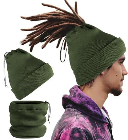Ababalaya Unisex Satin Lined Knit Open Beanies Rasta Beanie - color: Army Green