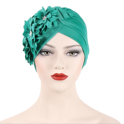 Flower Pre-Tied Turban Beanie, Soft Chemo Cap for Women Cancer Hair Loss - color: Teal