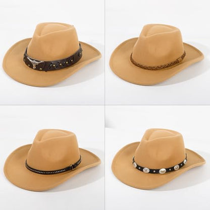 2 Pack Western Cowboy Hats for Women Men 2 Different hat Bands - color: Black+camel