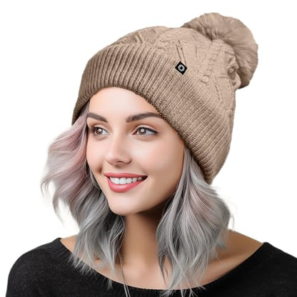 DALIX Cable Knit Pom Beanie Soft Stretch Skully Warm Fuzzy Faux Sherpa Winter Ski Beanie - color: Tan