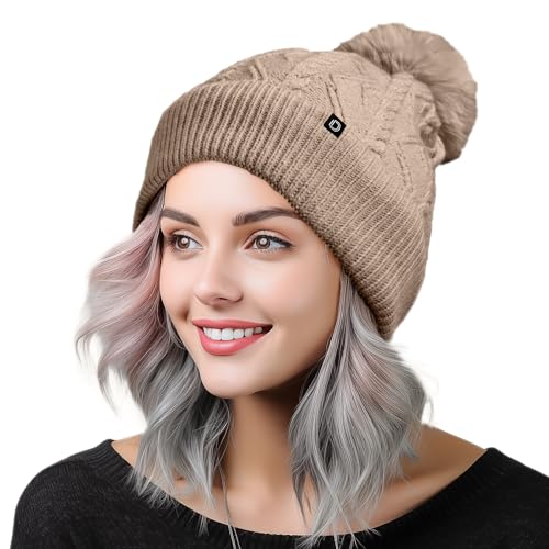 DALIX Cable Knit Pom Beanie Soft Stretch Skully Warm Fuzzy Faux Sherpa Winter Ski Beanie - color: Tan