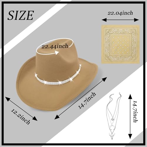 Western Black Cowboy Hats for Women Men, Fedora Wide Brim Rhinestone Cowgirl Hat with Bandana and Evil Eye Bull Head Necklace - color: Camel