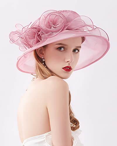 Women Derby Fascinator Hat Organza Church Wedding Hats Wide Brim Cocktail Tea Party Hat - color: 12 Pink
