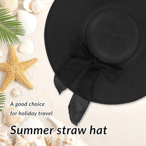 Oweisong Sun Beach Hats for Women Trendy Summer Vacation Straw Hat Boho Bow Wide Brim Packable Hat - color: Black
