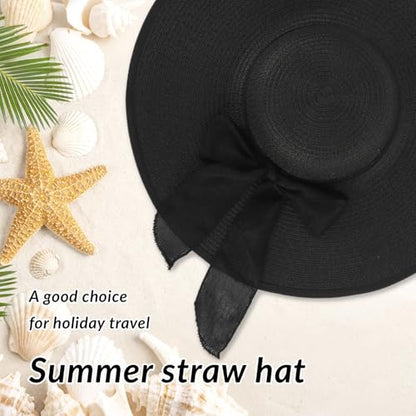 Oweisong Sun Beach Hats for Women Trendy Summer Vacation Straw Hat Boho Bow Wide Brim Packable Hat - color: Black