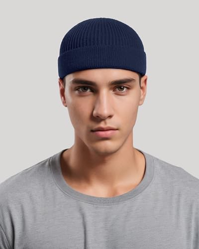 vidsel Thin Wool Fisherman Beanie for Men Short Knit Cuff Trawler Watch Hat - color: 1pcs-navy Blue