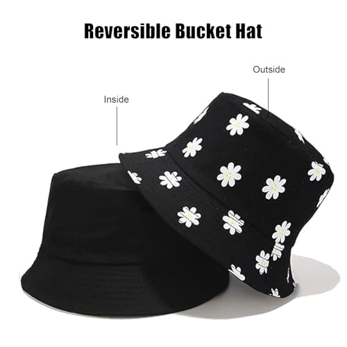 Bucket Hat for Women Men, Cotton Reversible Double Side Wear Sun Hats Beach Fisherman Hat - color: Flower Black