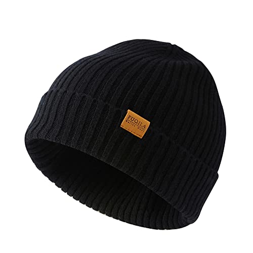 100% Merino Wool Cuff Beanie Hat, Unisex Warm Winter Caps Soft, Breathable & Cozy Stretchy Knitted Cuffed Cap - color: Black