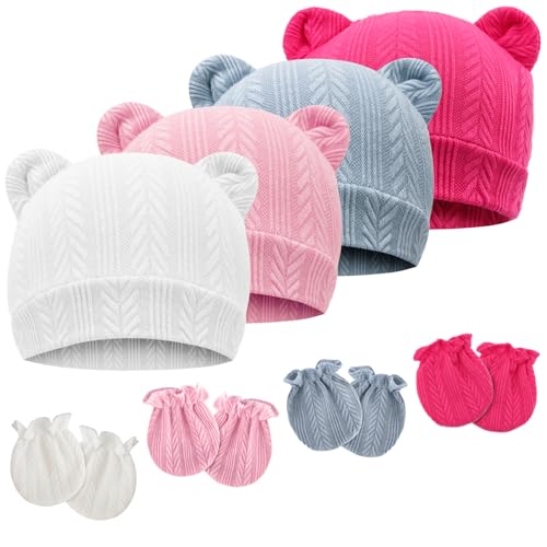 Newborn Baby Hat and Mittens Set Bear Ears Toddler Infant Beanie Caps Newborn Hospital Hat for Baby Boy Girl 0-3 Months - color: Wheat Patterned Bear Ear E