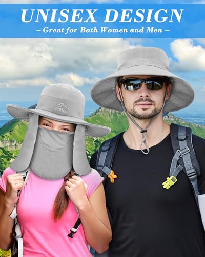 BROTOU Sun Cap Fishing Hats, UPF 50+ Wide Brim Outdoor Protection Hat, Sun Hat with Face & Neck Flap Cover for Men and Women (Light Grey)