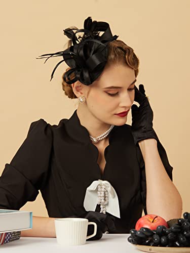 Kentucky Derby Fascinators for Women High Tea Party Hat Wedding Cocktail Flower Headware with Mesh and Feathers - color: Y-black