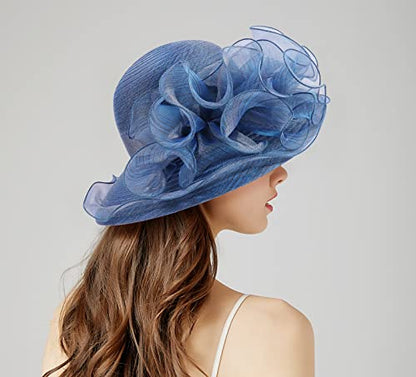 Bellady Big Brim Hat Organza Hats Summer Beach Cap Tea Party Wedding Fascinator Church Hats - color: Navy