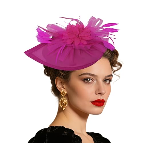 Women Vintage Fascinator Hat Flower Feather Mesh Headband Clip Pillbox Headwear for Wedding Tea Party - color: 01 Rose Red