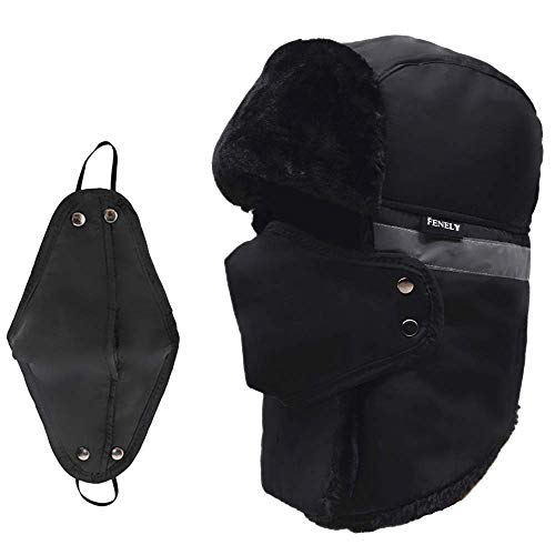 Camouflage Winter Bomber Trapper Hats Ushanka -Men Women Russian Trooper Ear Flaps Ski Snow Cold Weather Fur Mens Caps - color: Black