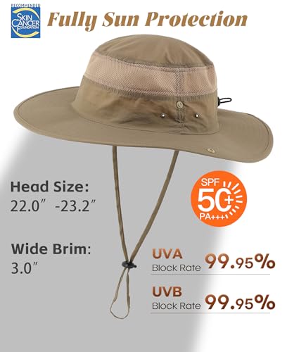 Connectyle UPF 50+ Wide Brim Sun Hat for Men Breathable Cowboy Boonie Hats Outdoor Bucket Hat for Fishing Hiking Safari - color: Dark Khaki