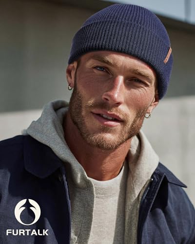 FURTALK Fisherman Beanie for Men Women 2 Styles Cuffless or Cuffed Knitted Unisex Winter Hat Outdoor All-Day Warmth - color: Navy