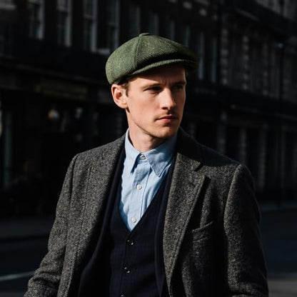 FEINION Men 8 Panel Herringbone Wool Newsboy Cap - color: Flecked Green, size: 7 1/2