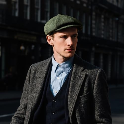 FEINION Men 8 Panel Herringbone Wool Newsboy Cap - color: Flecked Green, size: 7 1/4