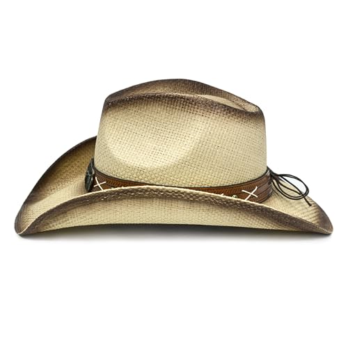 FLUFFY SENSE. Straw Cowboy Hat for Women and Men – Western Sun Hat for Country Concert, Rodeo and Cowgirl Outfits - color: Toasted Tan Longhorn Skull