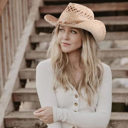 Straw Cowboy Cowgirl Hats for Women Men Summer Beach Hat Shapeable Brim - color: 2-shell Straw Hat