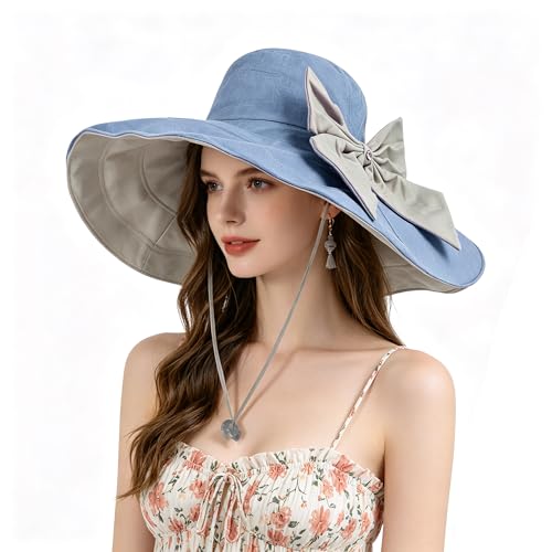 Women's Foldable Floppy Sun Hats Reversible Vacation Beach Cap Summer Wide Brim UPF 50+ Travel Fishing Bucket Hat - color: Blue, Cotton Linen