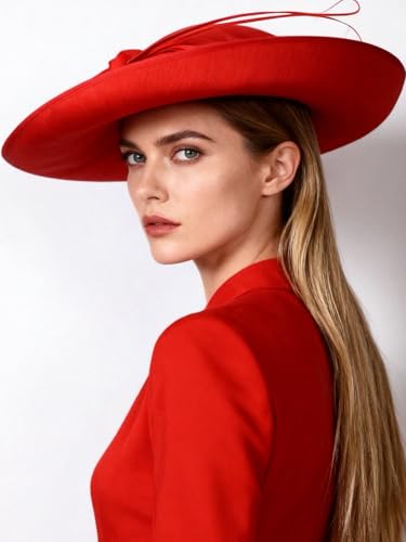 Big Wide Brim Fascinator Hats for Women Ladies Kentucky Tea Party Dress Flat Top Fedoras Hat with Bow Feather - color: Red