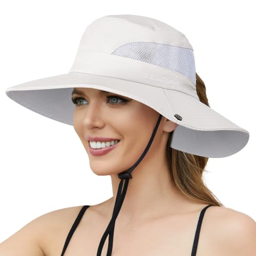 Womens Sun Hat with Ponytail Hole, UV Protection Foldable Beach Fishing Hat - color: Beige