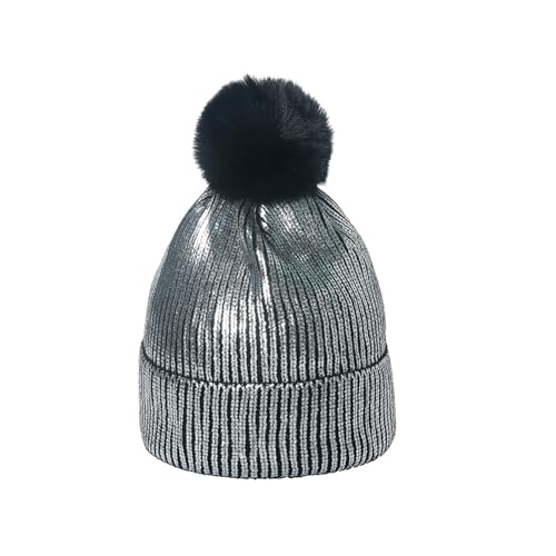 Metallic Winter Cable Knit Beanie Hat Cap Warm Soft Skull Caps with Furry Fur Pom Pom - color: Silver